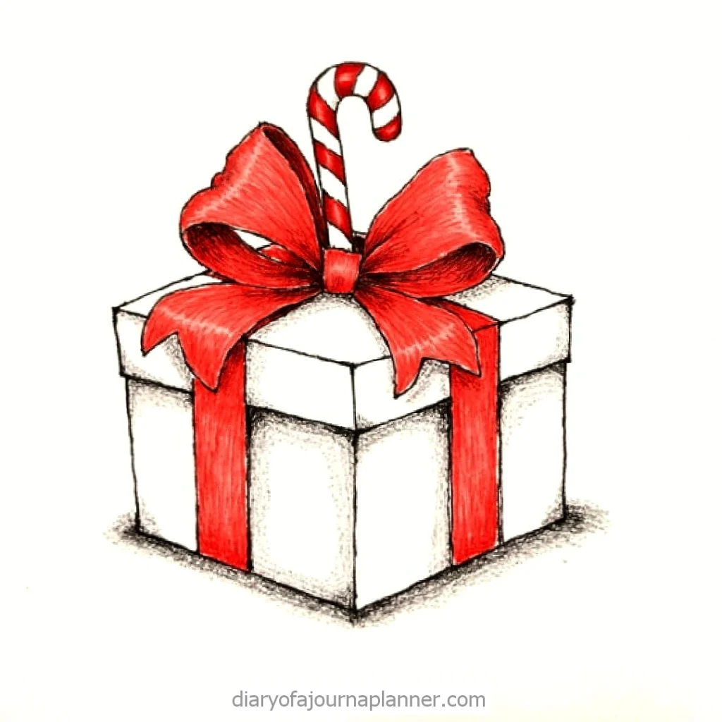 Festive gift box with red ribbon and candy cane, holiday present illustration for Christmas and celebration themes.