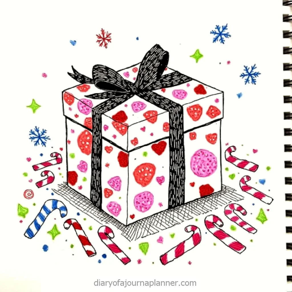 Festive gift box with black ribbon, surrounded by candy canes and colorful snowflakes. Perfect holiday celebration vibe.