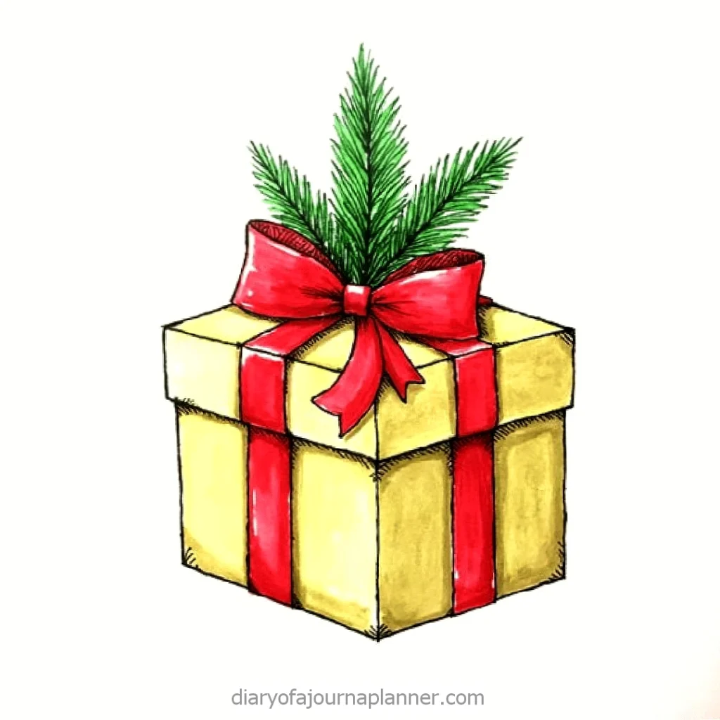 Festive gift box with a red ribbon and pine sprig, perfect for holiday celebrations and Christmas decor.