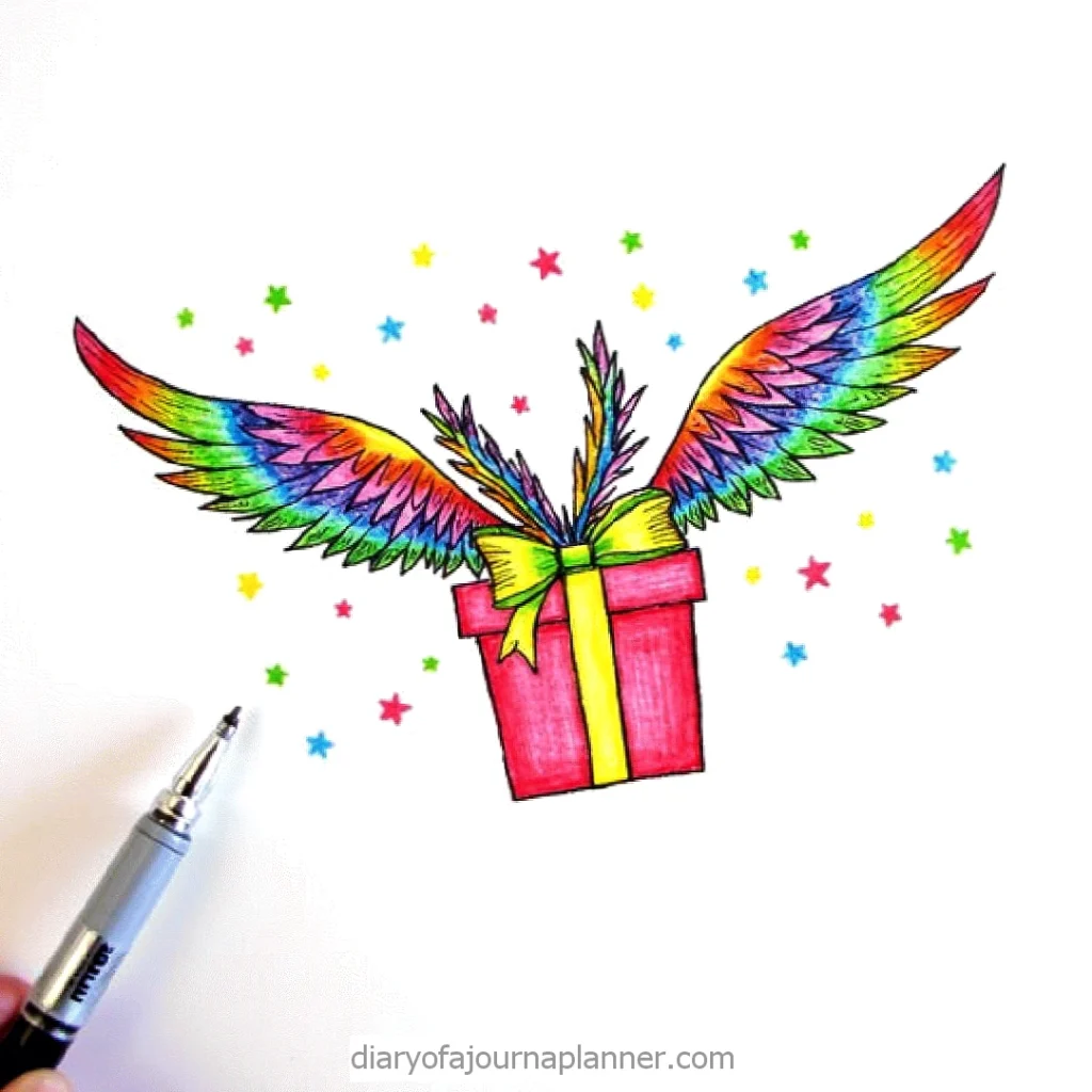 Colorful gift box with rainbow wings and stars, drawn with vibrant ink.