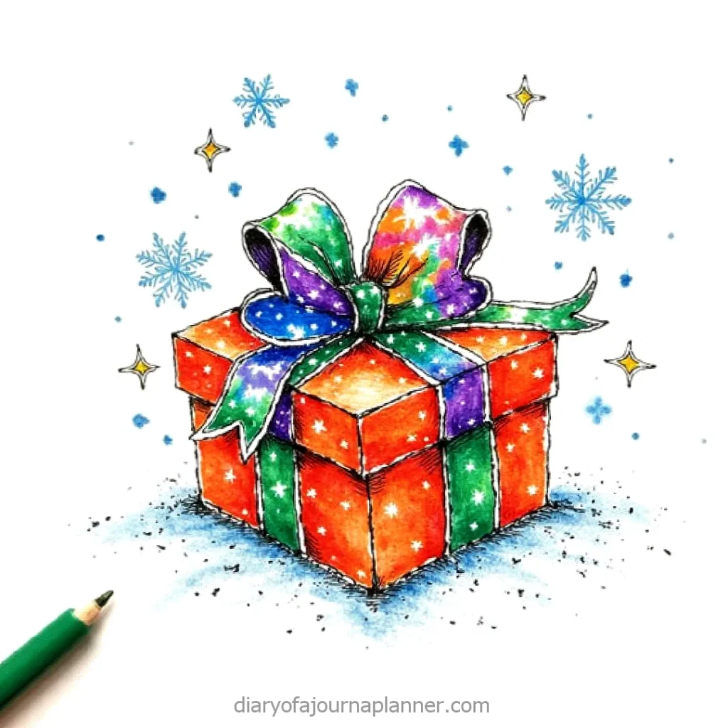 Colorful gift box with festive ribbons and star decorations, surrounded by snowflakes and glittering stars.