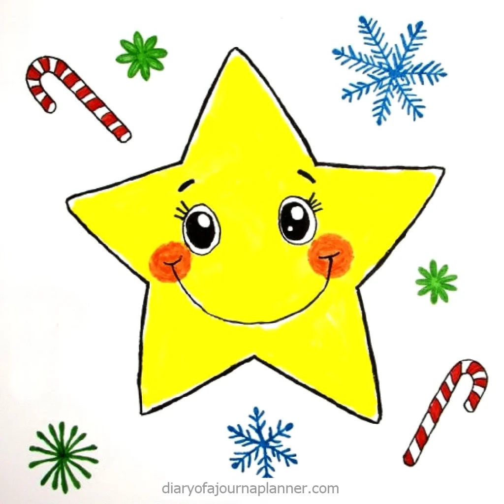 Cheerful yellow star with rosy cheeks surrounded by candy canes and snowflakes in a festive design.