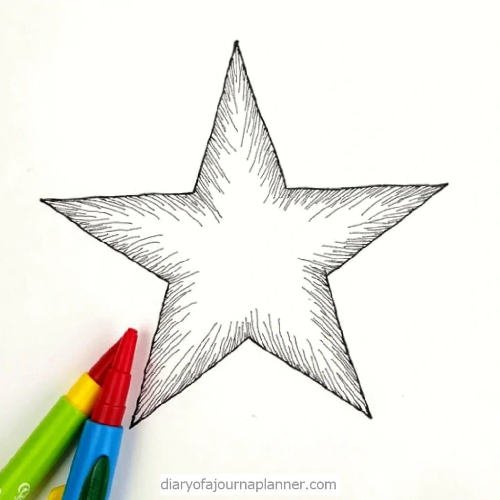Outlined star drawing with red, yellow, and blue markers on a white background.