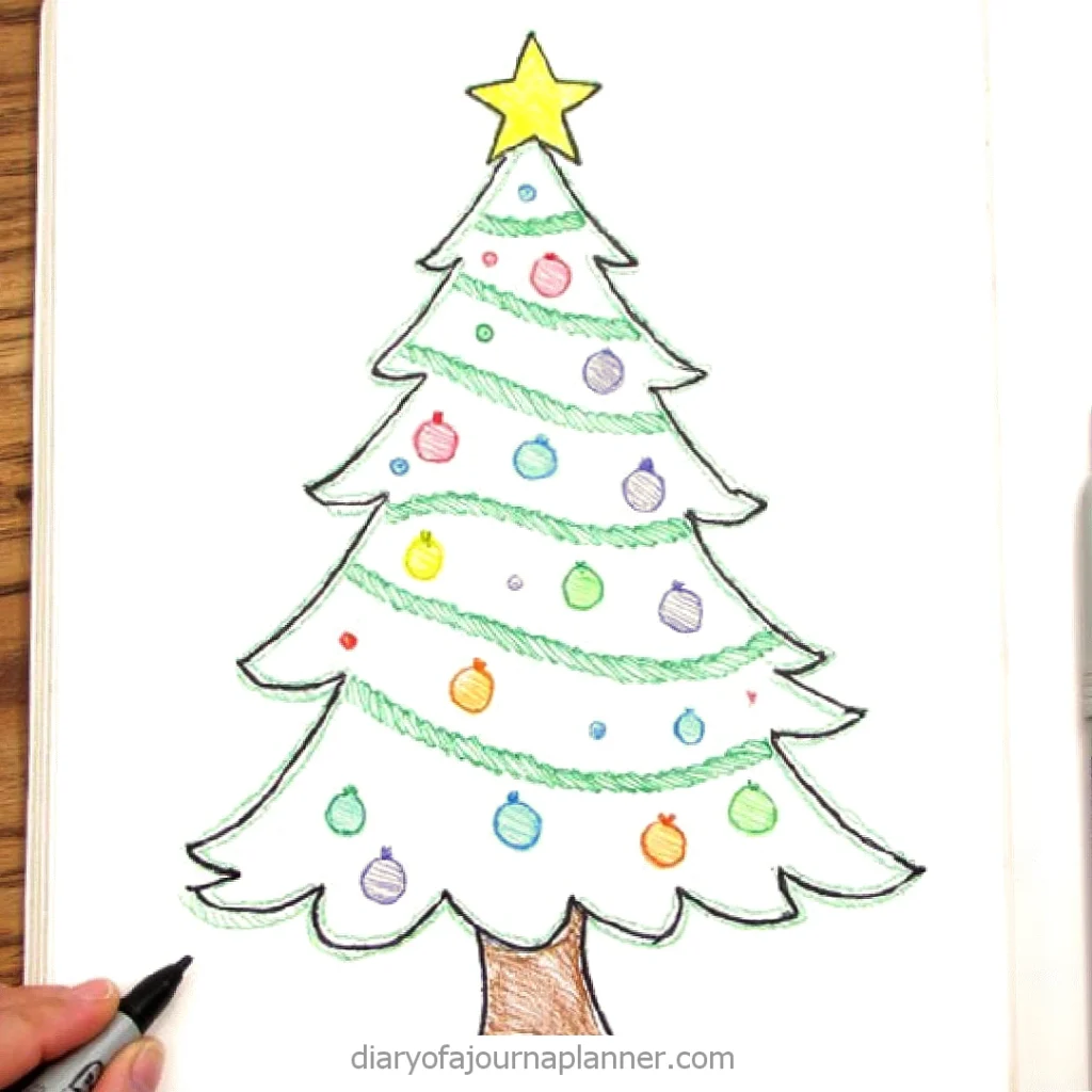 Colorful hand-drawn Christmas tree with ornaments, star on top, and a person drawing at the bottom left corner.