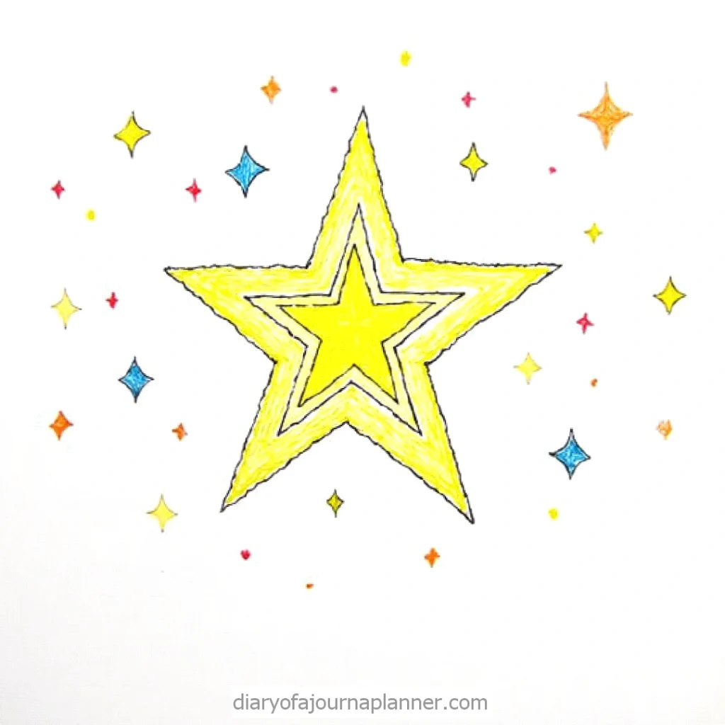 Hand-drawn yellow star surrounded by colorful smaller stars on a white background.