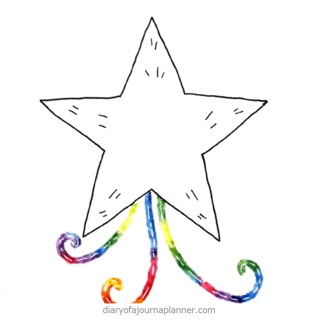 Hand-drawn star with rainbow tails on a white background. Ideal for creative journaling or colorful designs.