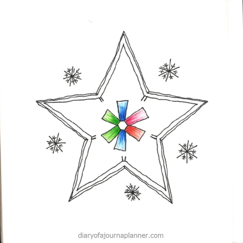 Colorful geometric star with snowflakes, featuring vibrant design for holiday decoration or crafting inspiration.