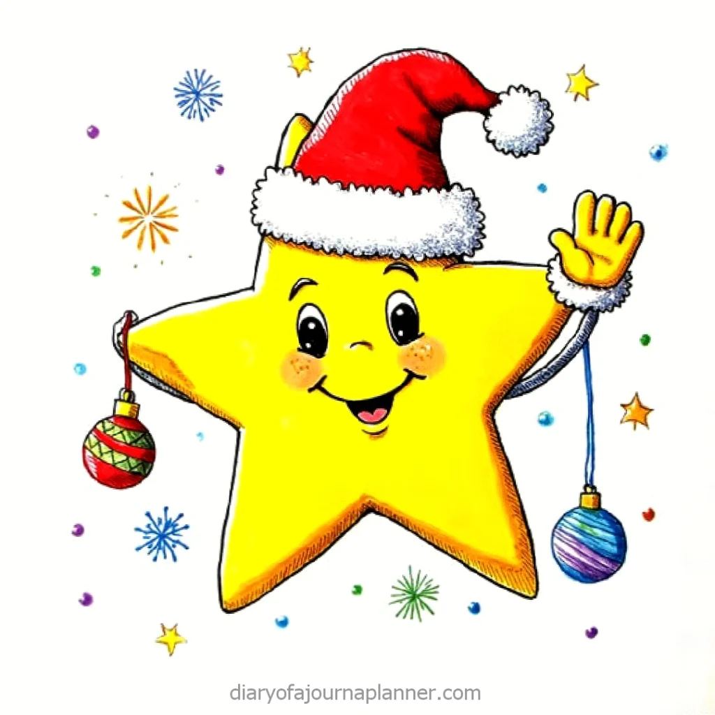 Festive smiling star wearing Santa hat, holding colorful ornaments. Perfect for holiday decorations.