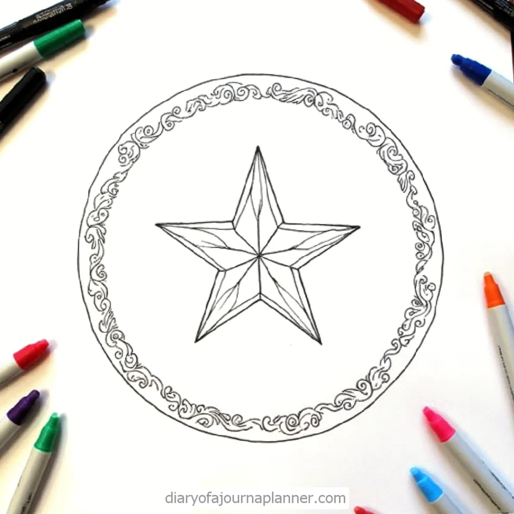 Star mandala with decorative border for coloring, surrounded by colorful markers on a white background.