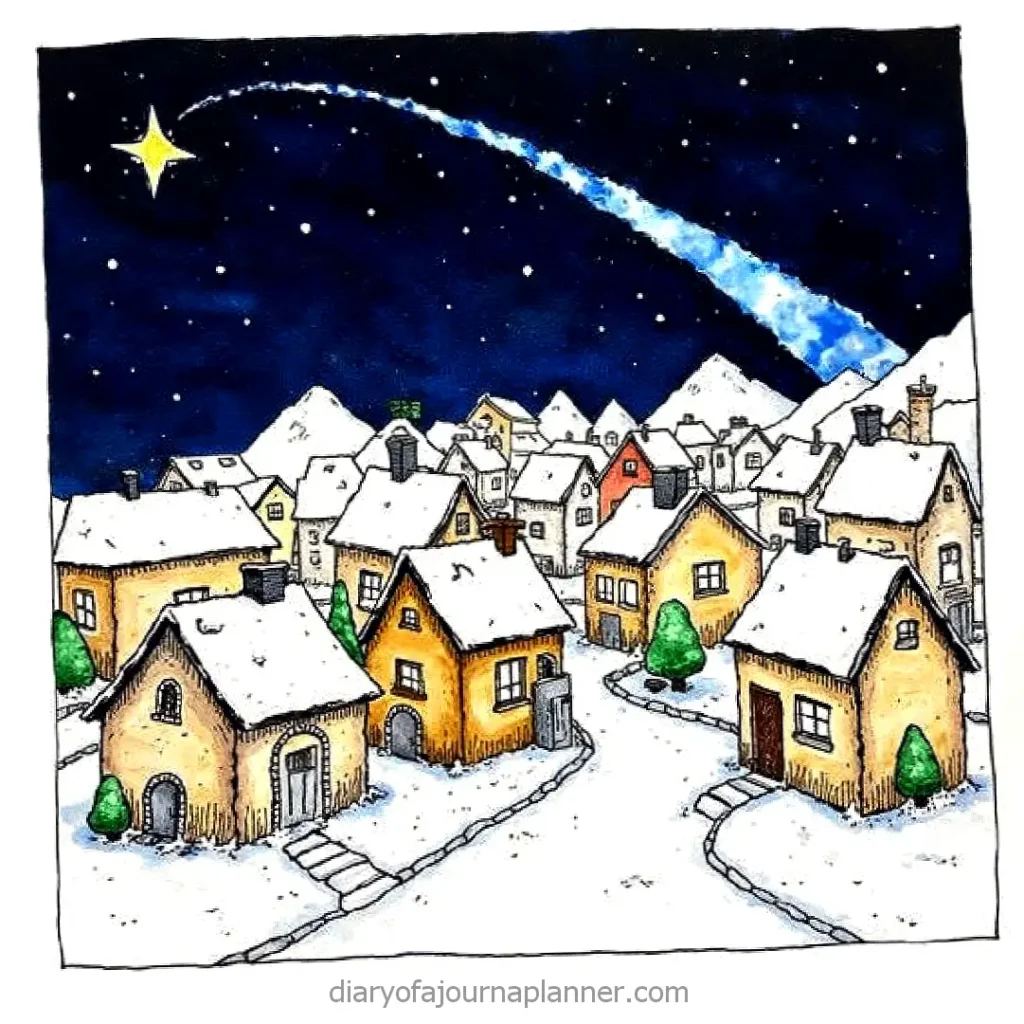 Illustrated snowy village at night with a bright star and shooting star in the sky.