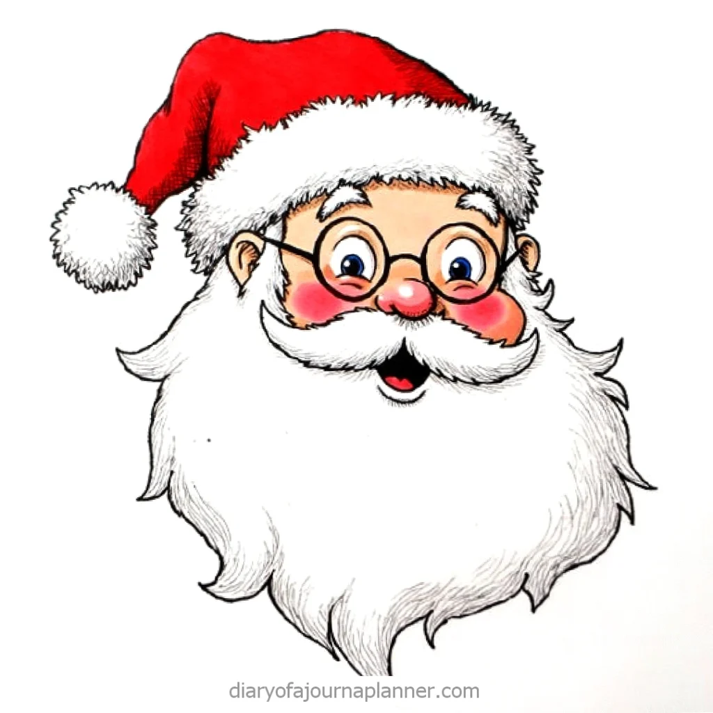 Cartoon Santa Claus with red hat and glasses, smiling with rosy cheeks and white beard. Christmas illustration.