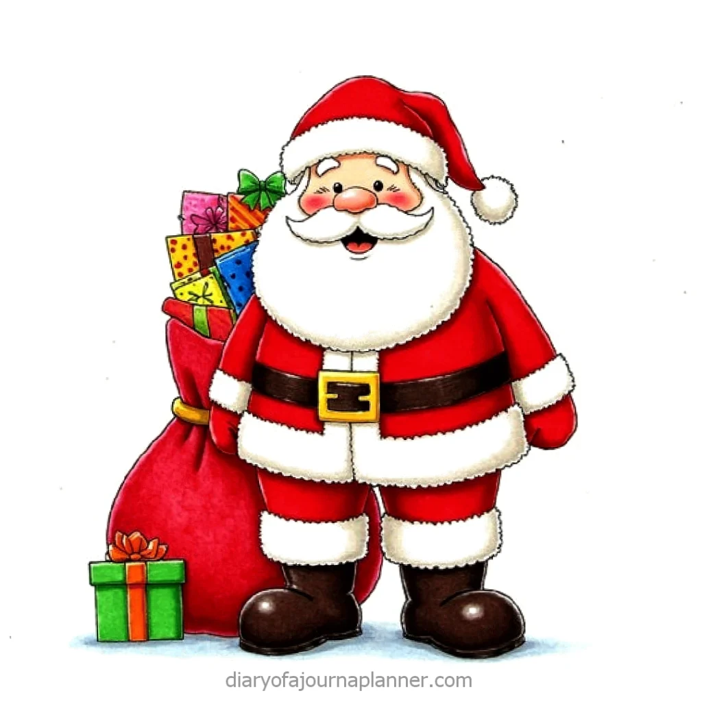 Cartoon Santa Claus with sack full of colorful gifts, smiling and standing on a white background.