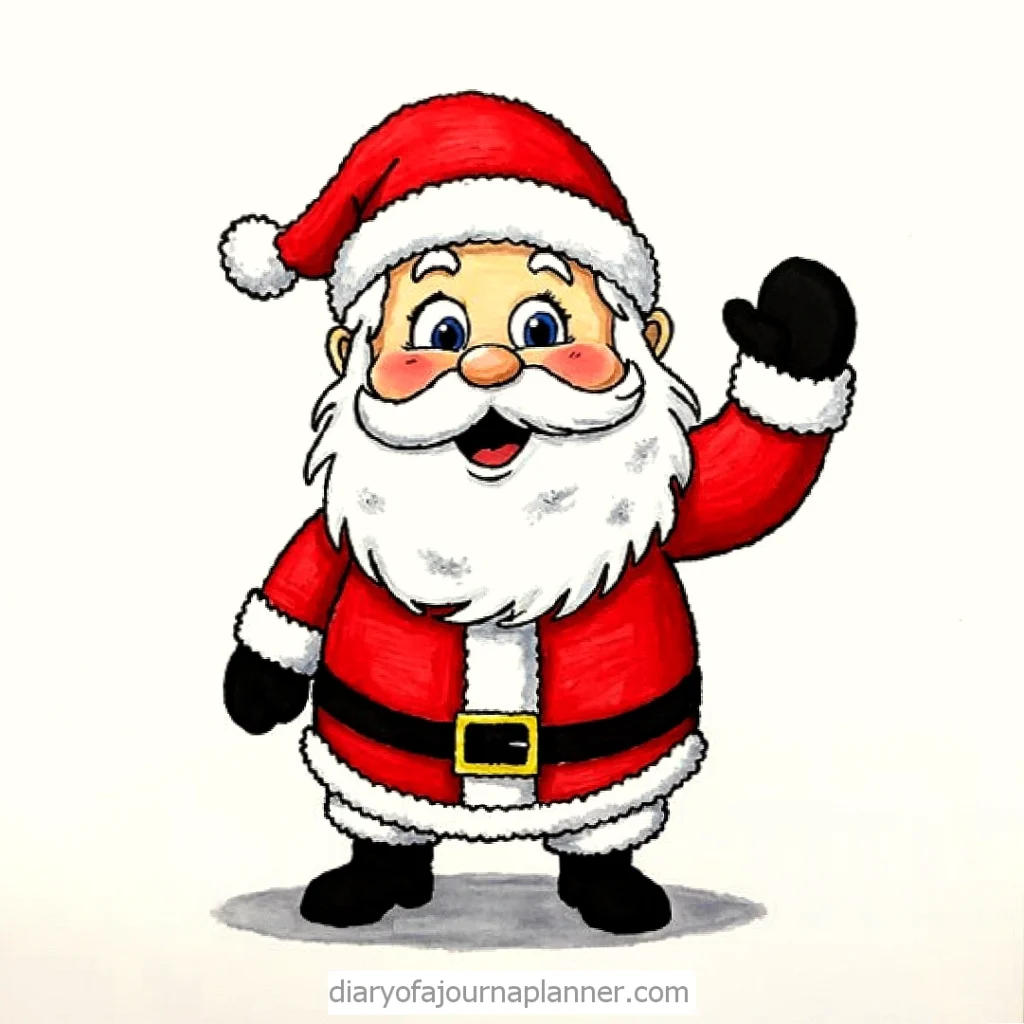 Cartoon Santa Claus waving cheerfully, dressed in red suit and hat with white beard and gloves.