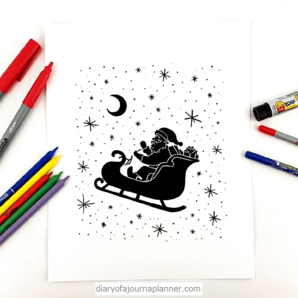 Santa on a sleigh with gifts under the moon and stars, surrounded by colorful markers for Christmas coloring.
