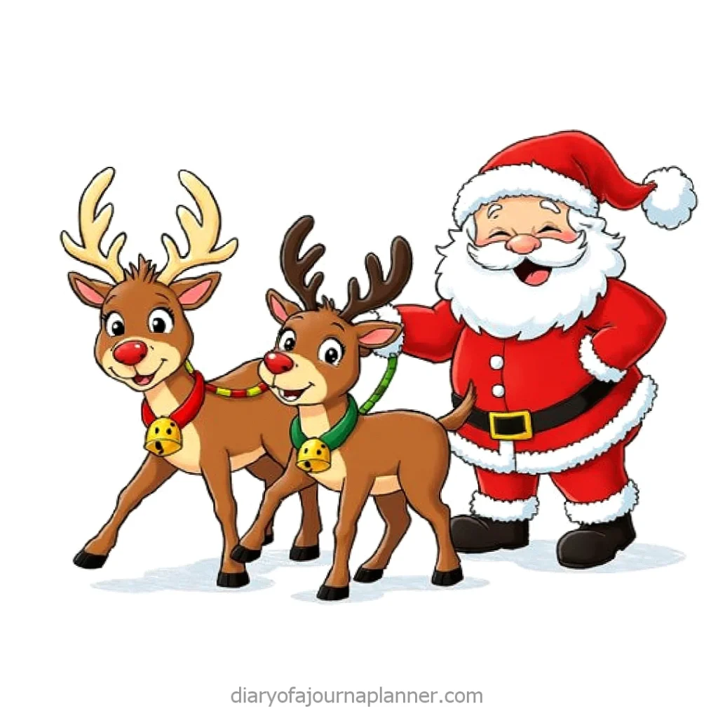 Santa Claus smiling with two reindeer wearing bells, festive Christmas illustration.