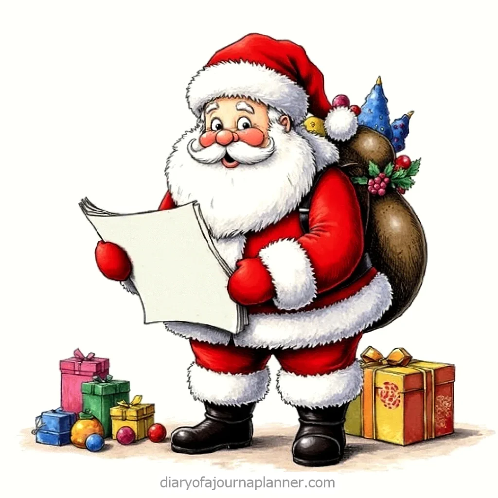 Santa Claus reading a list with gift sack and colorful presents around him, spreading Christmas cheer.