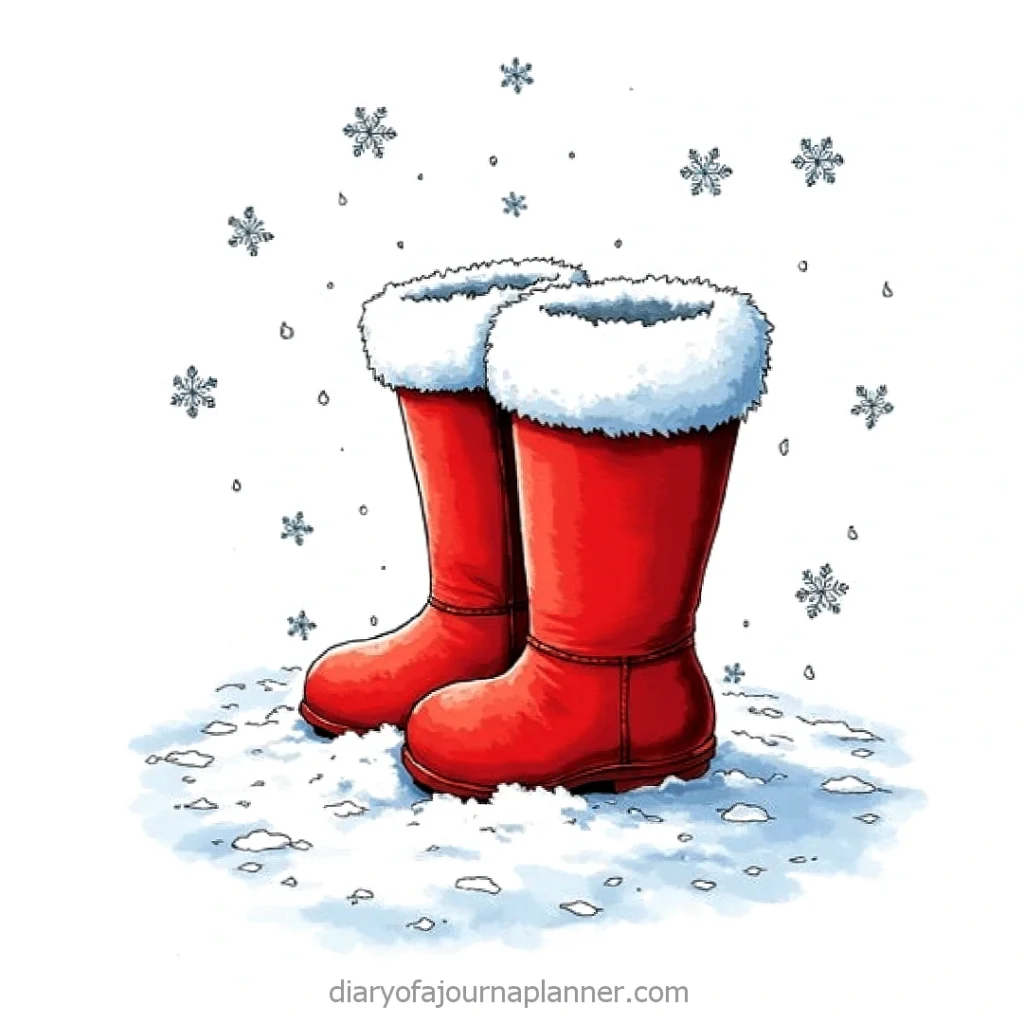 Red winter boots with white fur lining in snow with falling snowflakes.