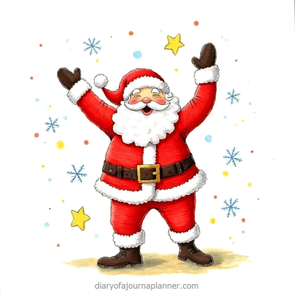 Cheerful Santa Claus with arms raised, surrounded by stars and snowflakes, celebrating the festive season.