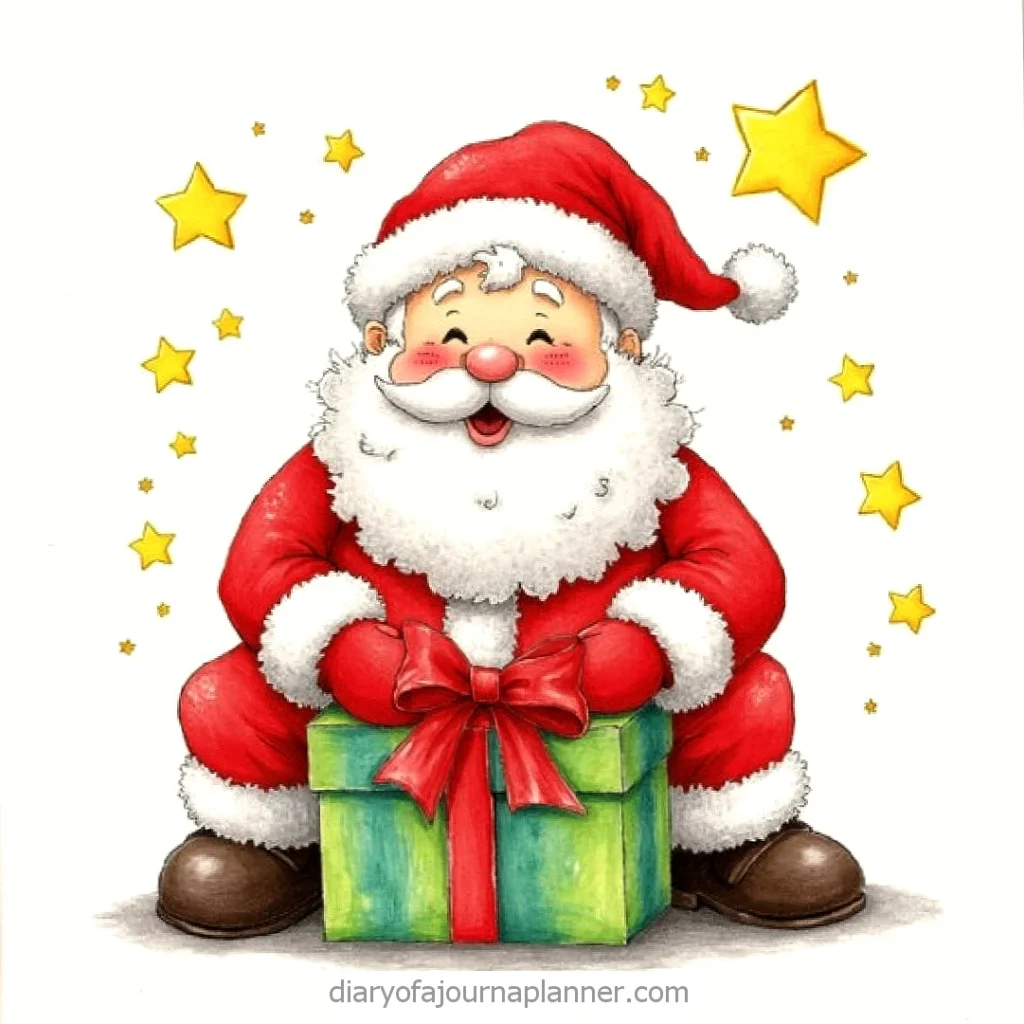 Santa Claus with a green gift box surrounded by yellow stars, smiling joyfully at Christmas.