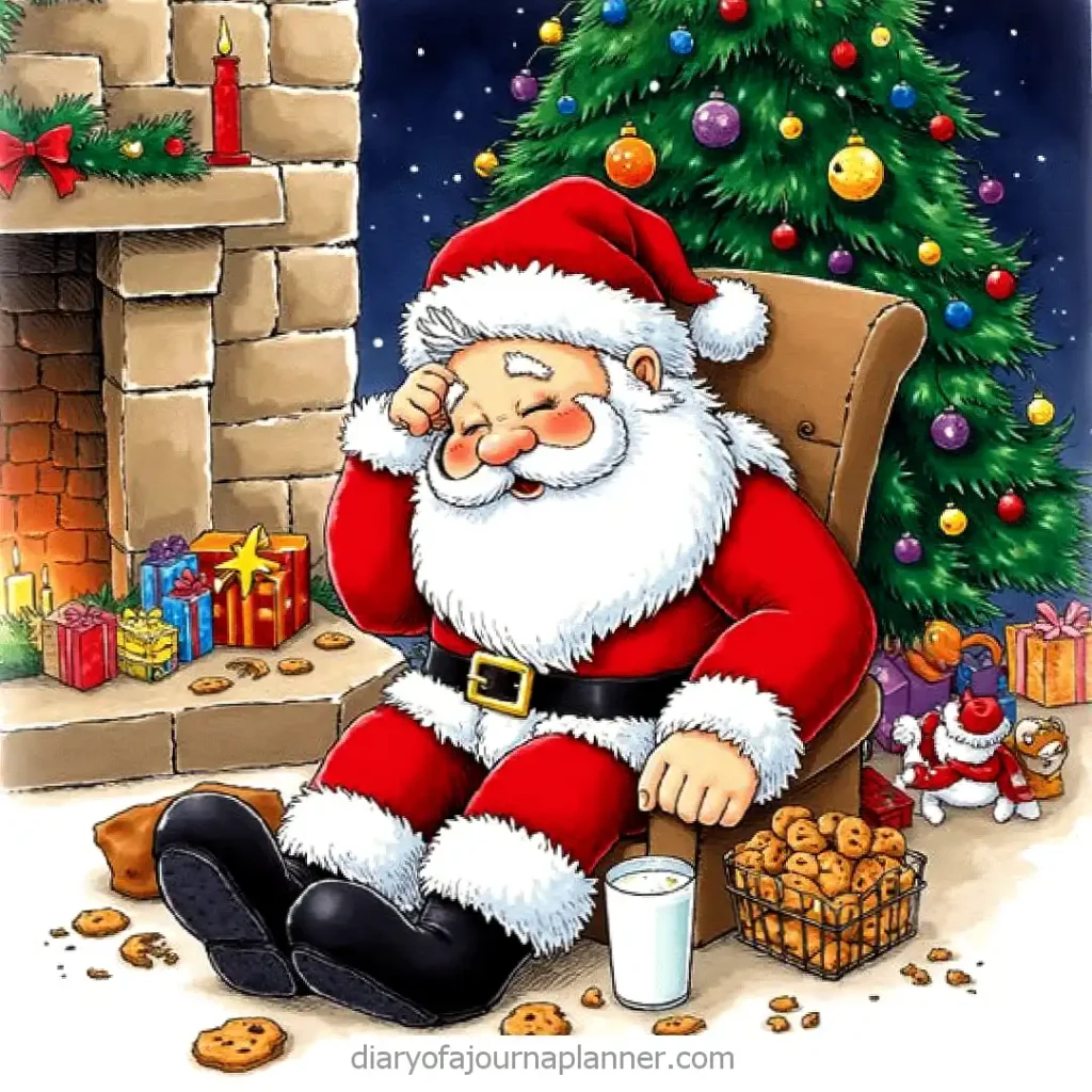 Santa resting in chair by fireplace with milk, cookies, and Christmas tree decorated with gifts and ornaments.