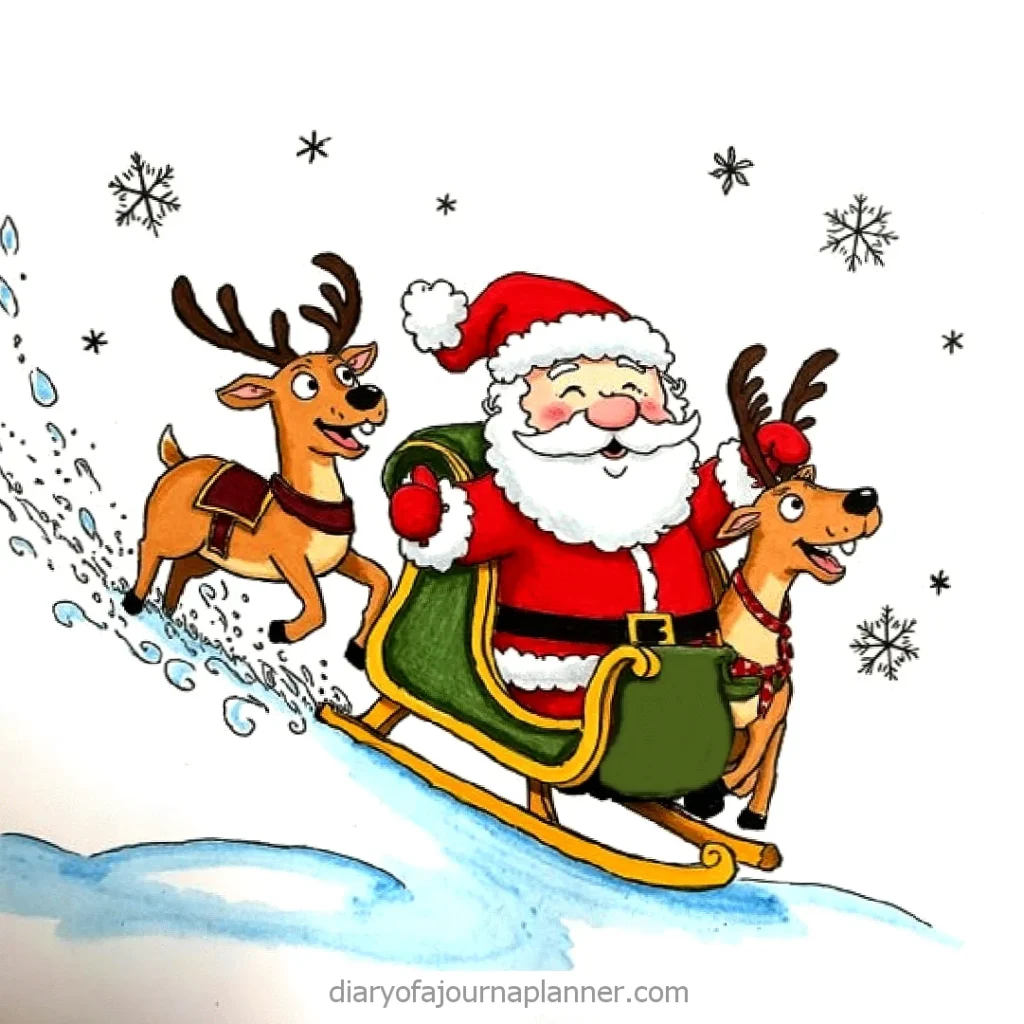 Santa Claus in a sleigh with reindeer, gliding through the snow, surrounded by falling snowflakes.