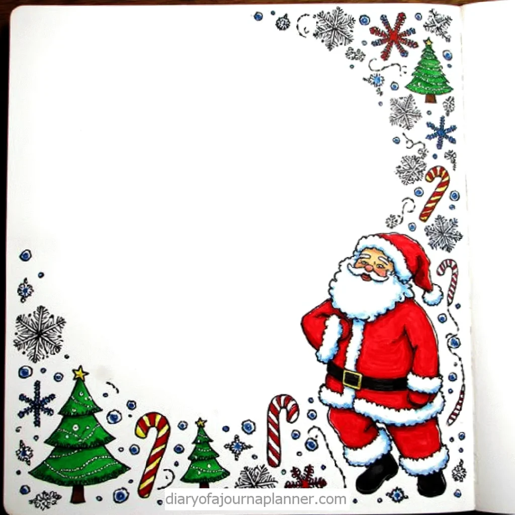 Festive Christmas drawing with Santa, candy canes, trees, and snowflakes on a blank journaling page.