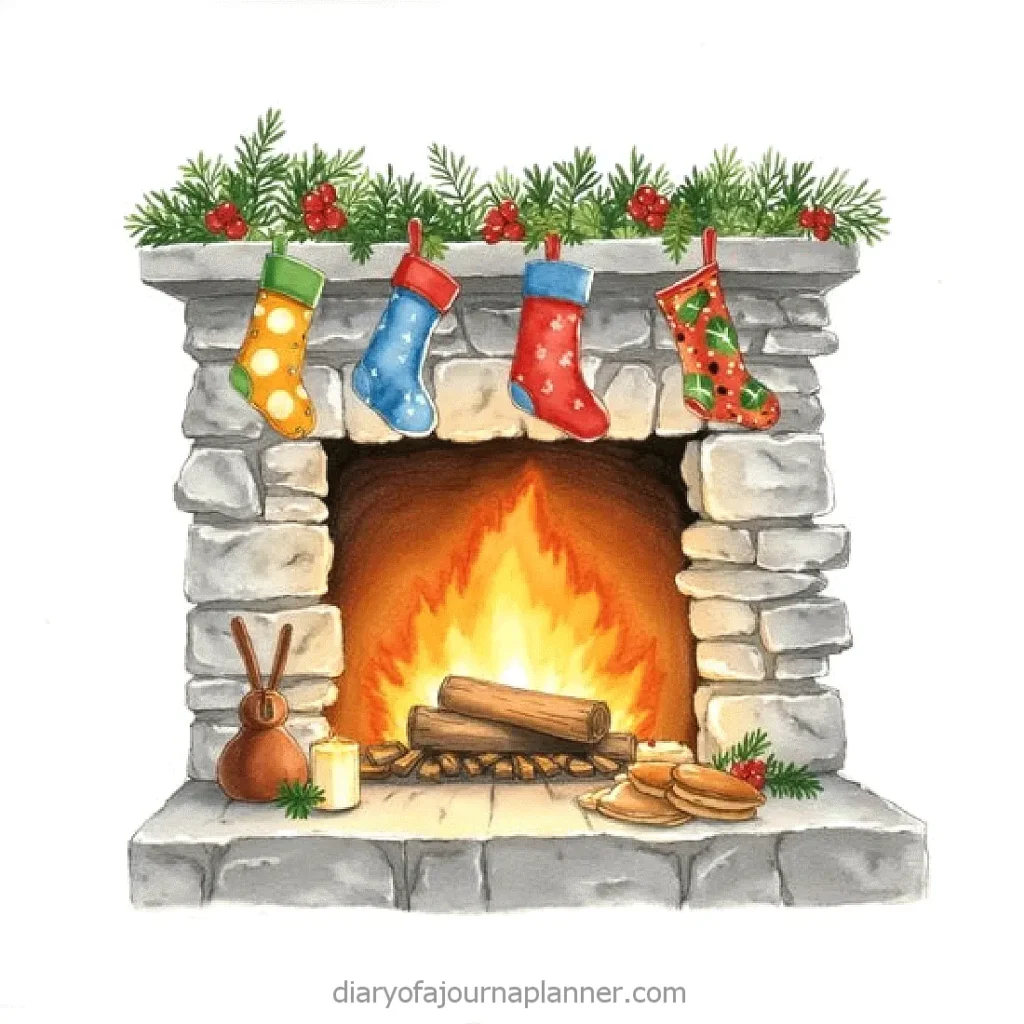 Cozy stone fireplace with colorful stockings and festive decorations, perfect for a warm holiday ambiance.