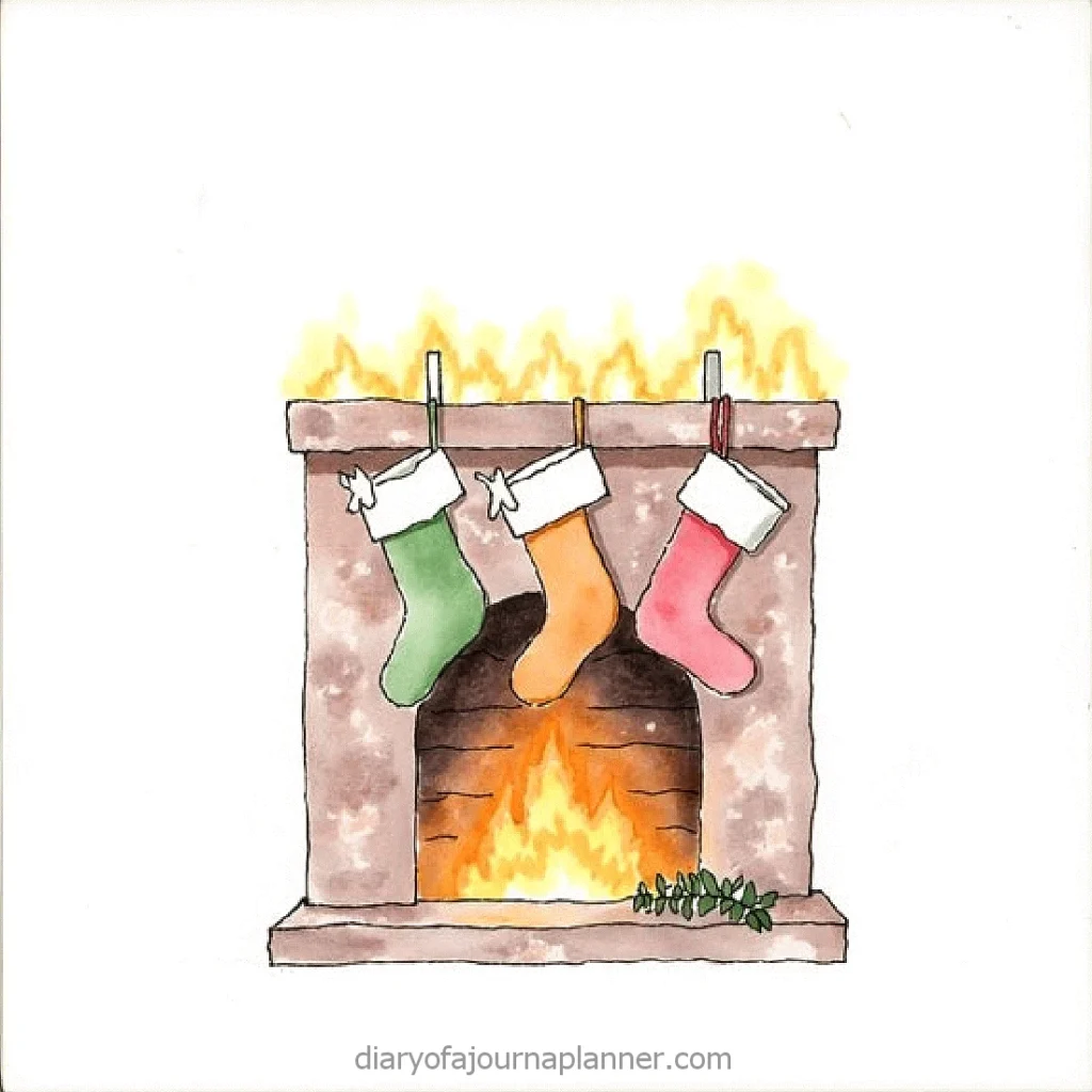 Festive fireplace with three colorful stockings hanging, perfect for Christmas decorations.