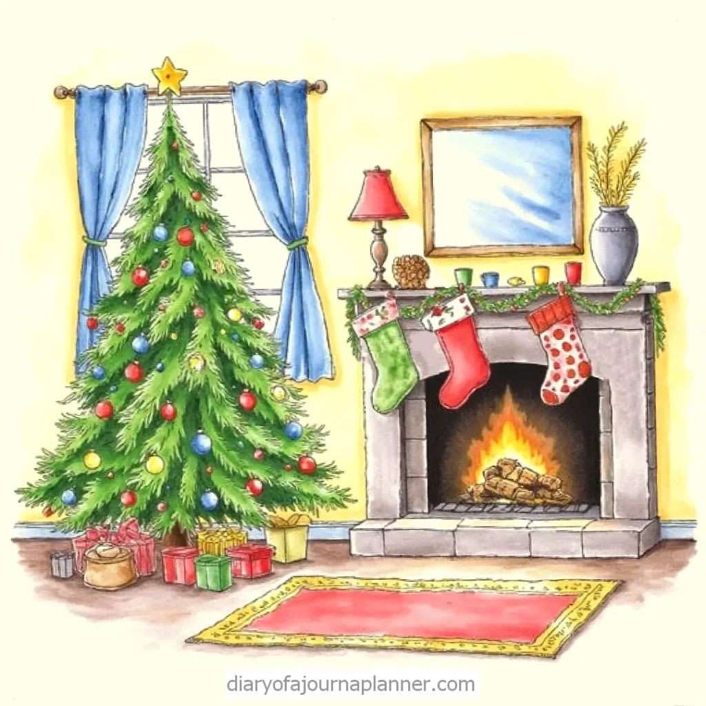 Illustrated Christmas scene with a decorated tree, gifts, and a cozy fireplace with stockings.