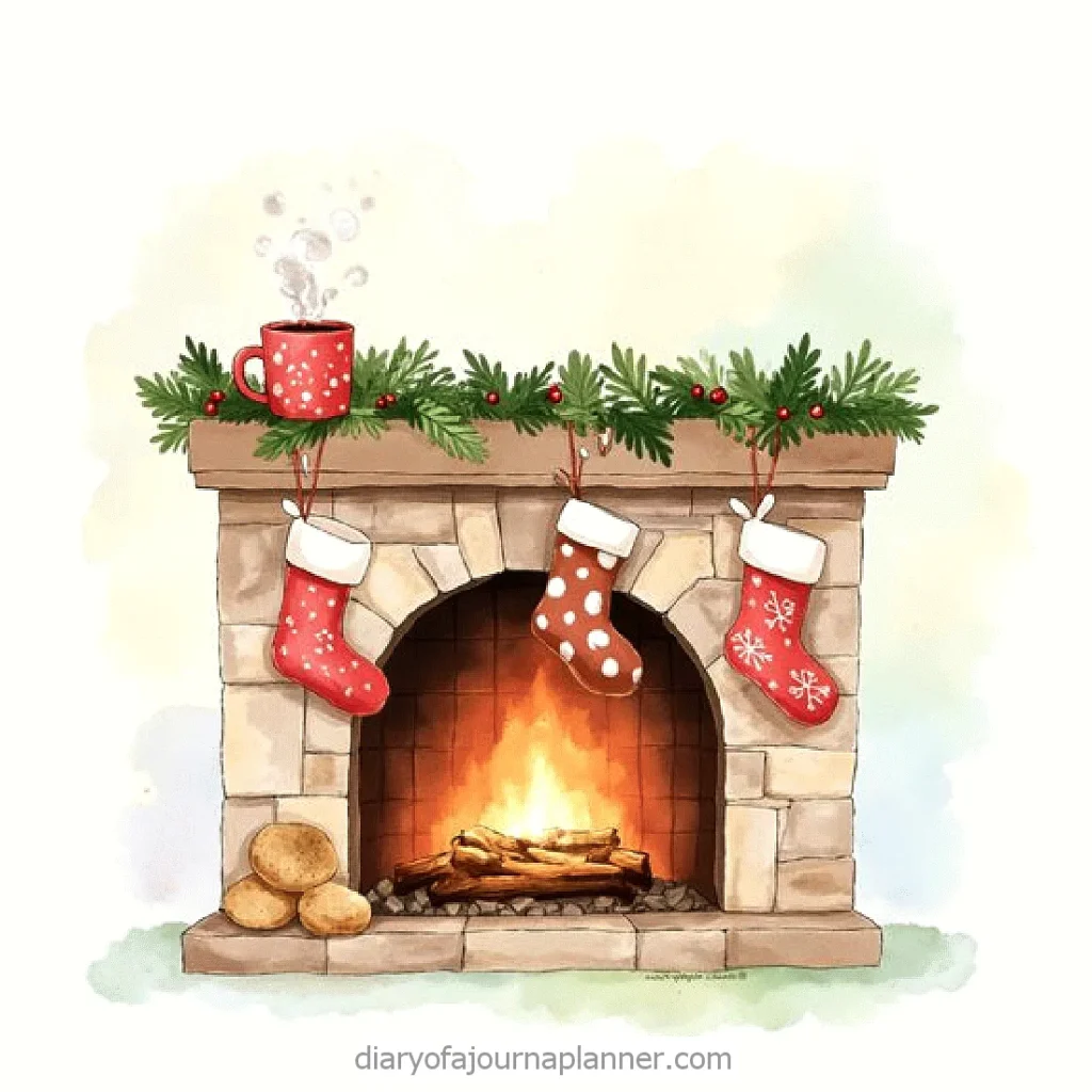 Cozy fireplace with festive stockings, hot cocoa, and holiday decorations, perfect for a warm Christmas atmosphere.