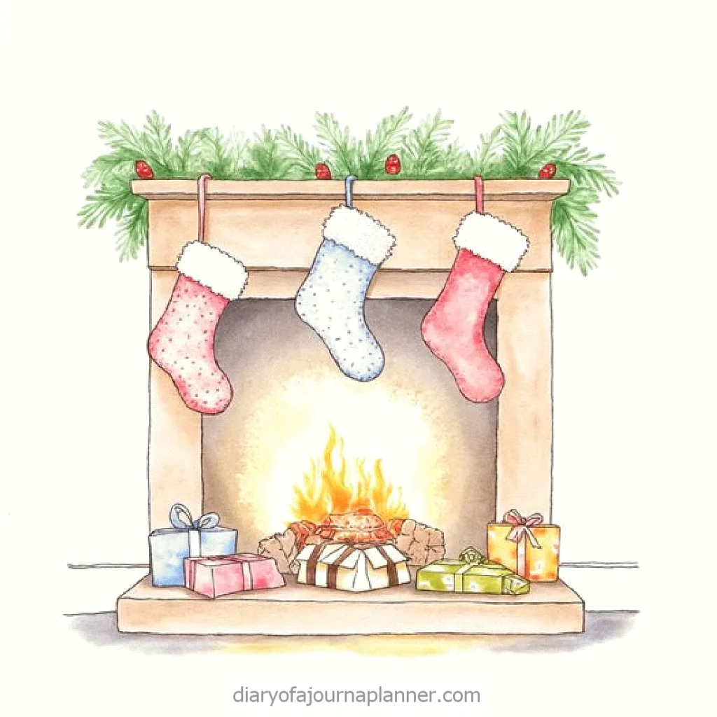Cozy Christmas fireplace with stockings and gifts, adorned with festive greenery and a warm fire.