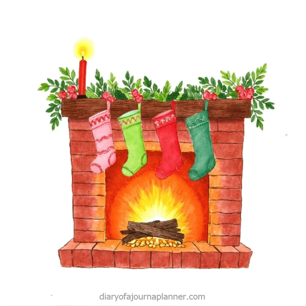 Illustration of a cozy brick fireplace with Christmas stockings and festive decorations.