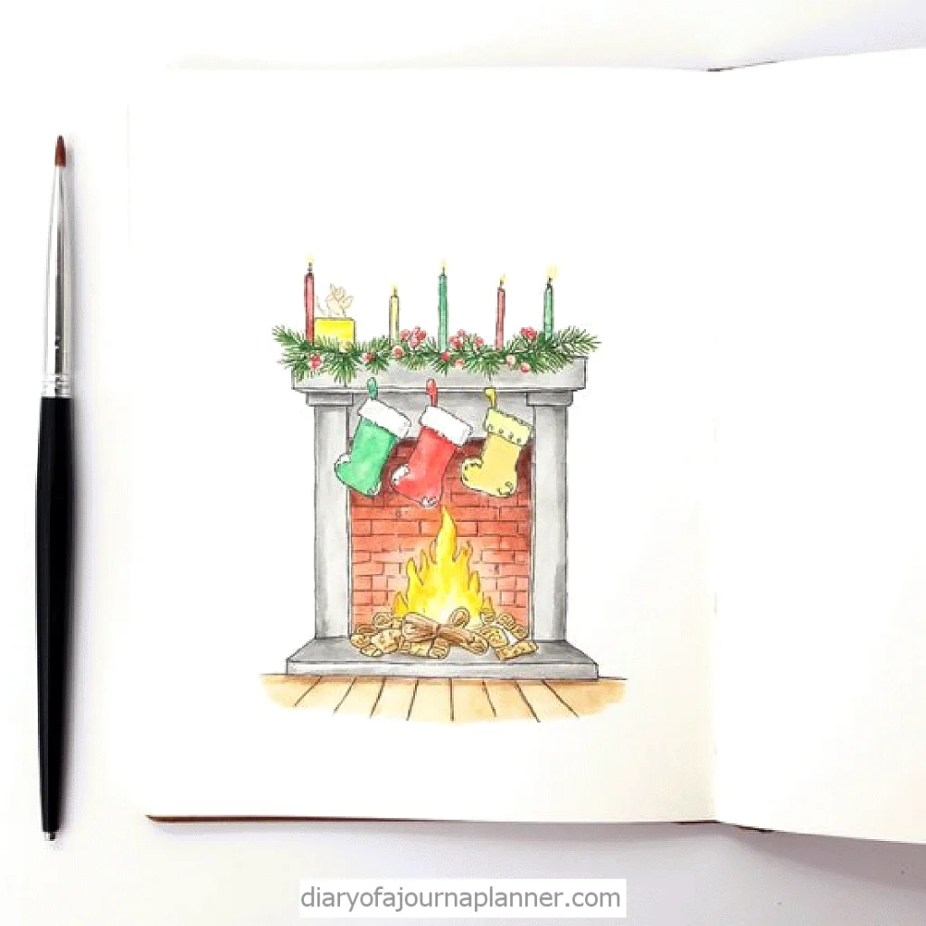 Illustration of a festive fireplace with stockings, candles, and a fire, perfect for holiday decor ideas.