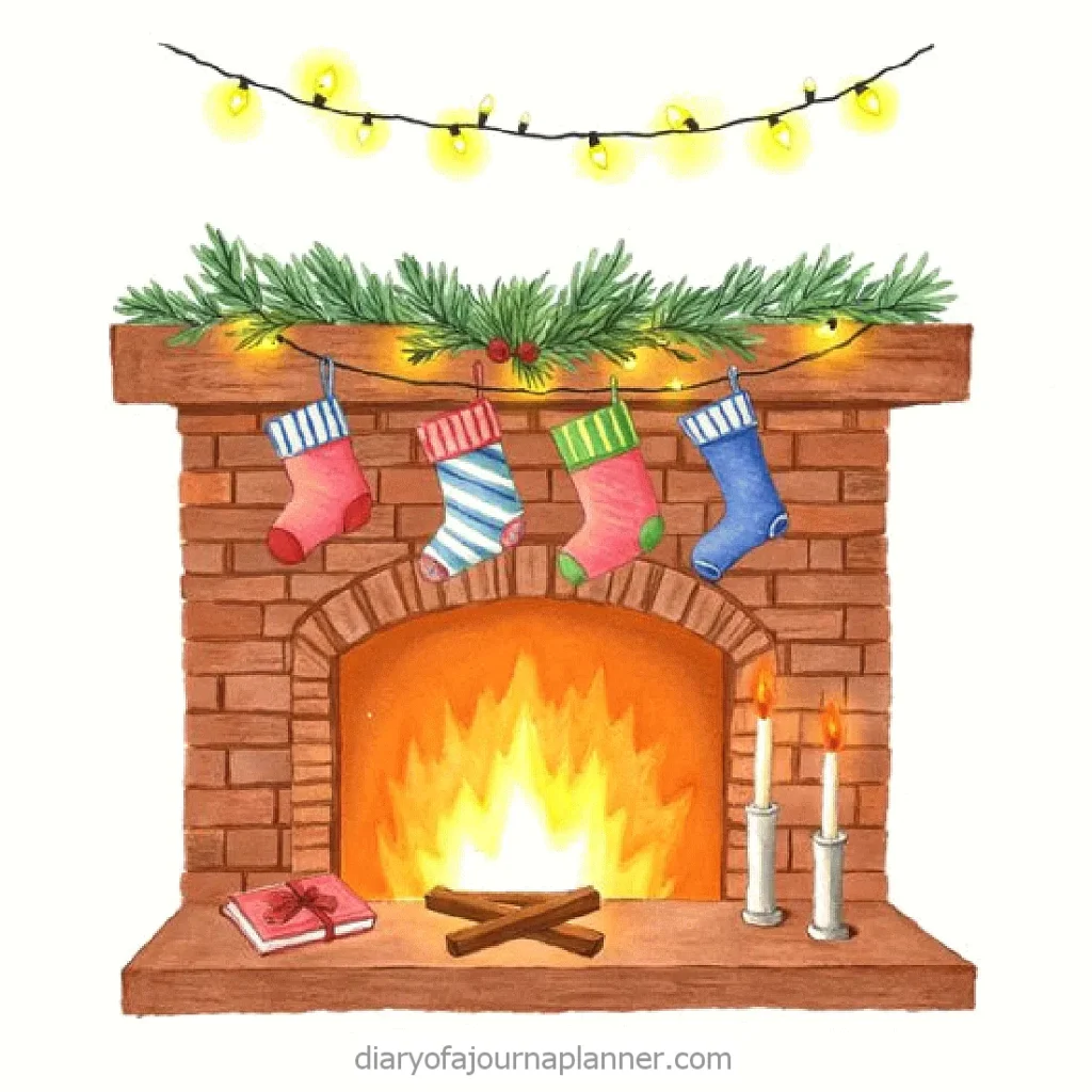 Cozy Christmas fireplace with stockings, candles, and lights. Warm holiday decor for a festive atmosphere.
