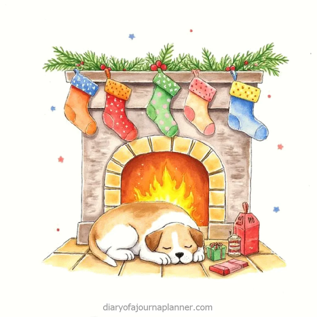 Cozy Christmas scene: sleeping dog by a fireplace with stockings, gifts, and festive decorations.