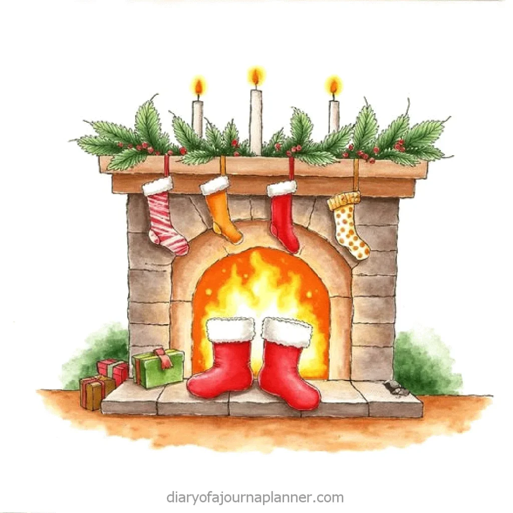 Cozy fireplace with hanging stockings and candles, festive Christmas gifts, and red boots by the warm fire.