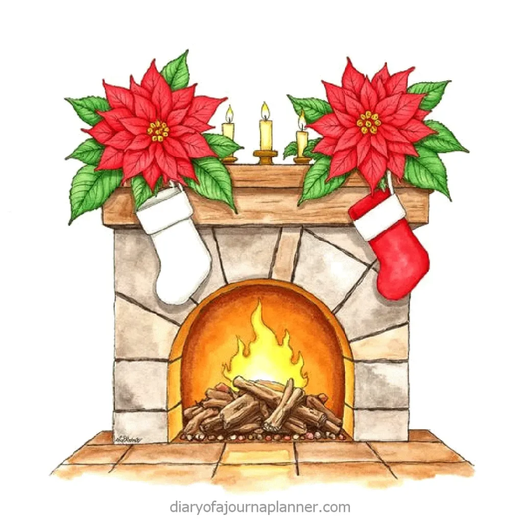Cozy Christmas fireplace with glowing fire, stockings, poinsettias, and candles for a festive winter scene.