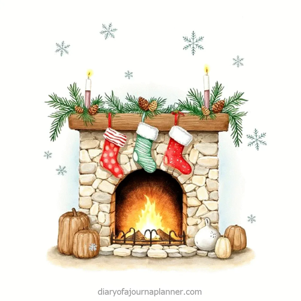 Fireplace drawing ideas, cozy Christmas fireplace with stockings, candles, and pine decor, surrounded by snowflakes and pumpkins.