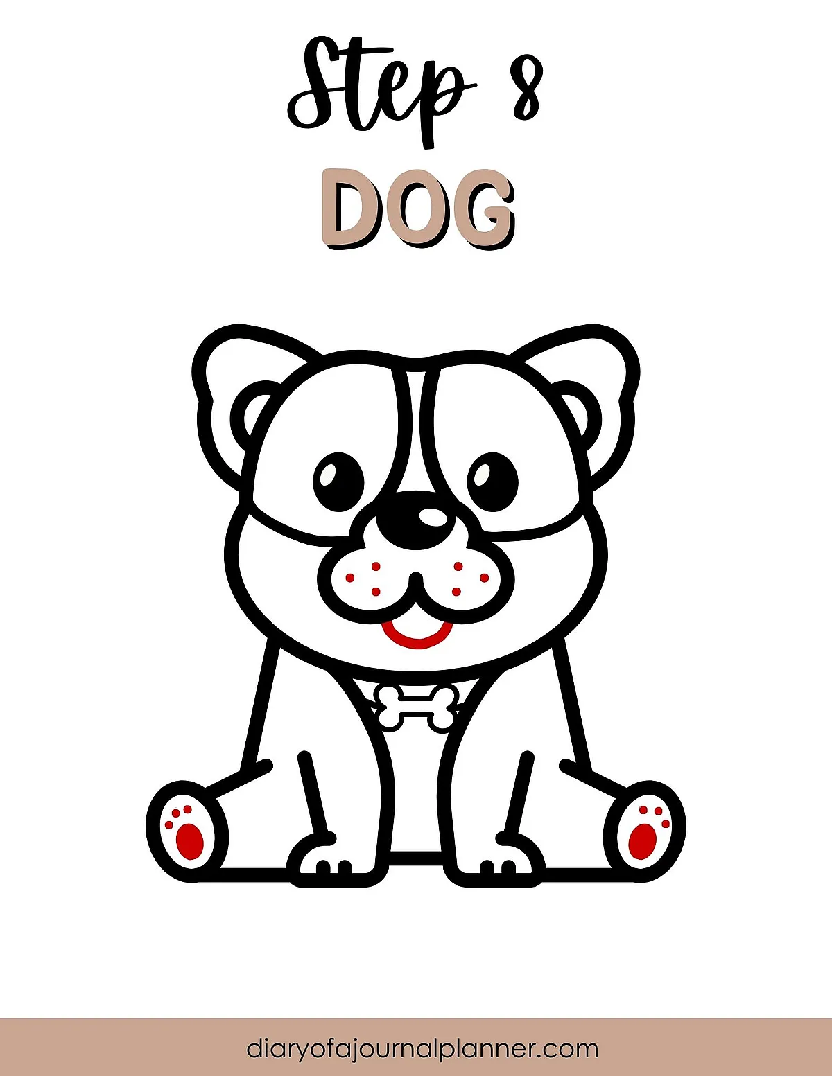 Step-by-step drawing guide of a cute cartoon dog for kids, step 8 illustration.