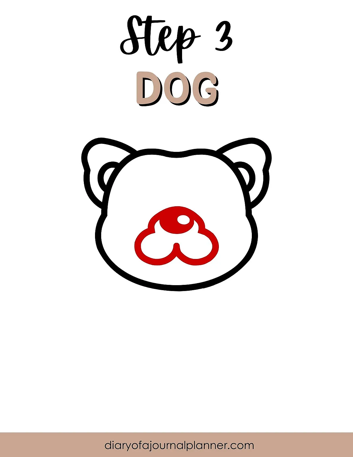 Step 3 drawing guide for a dog face outline with ears and nose highlighted in red.
