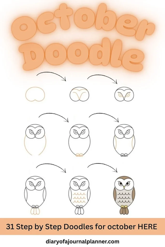 Step-by-step owl doodle tutorial for October, with illustrated drawing stages, by diaryofajournalplanner.com.