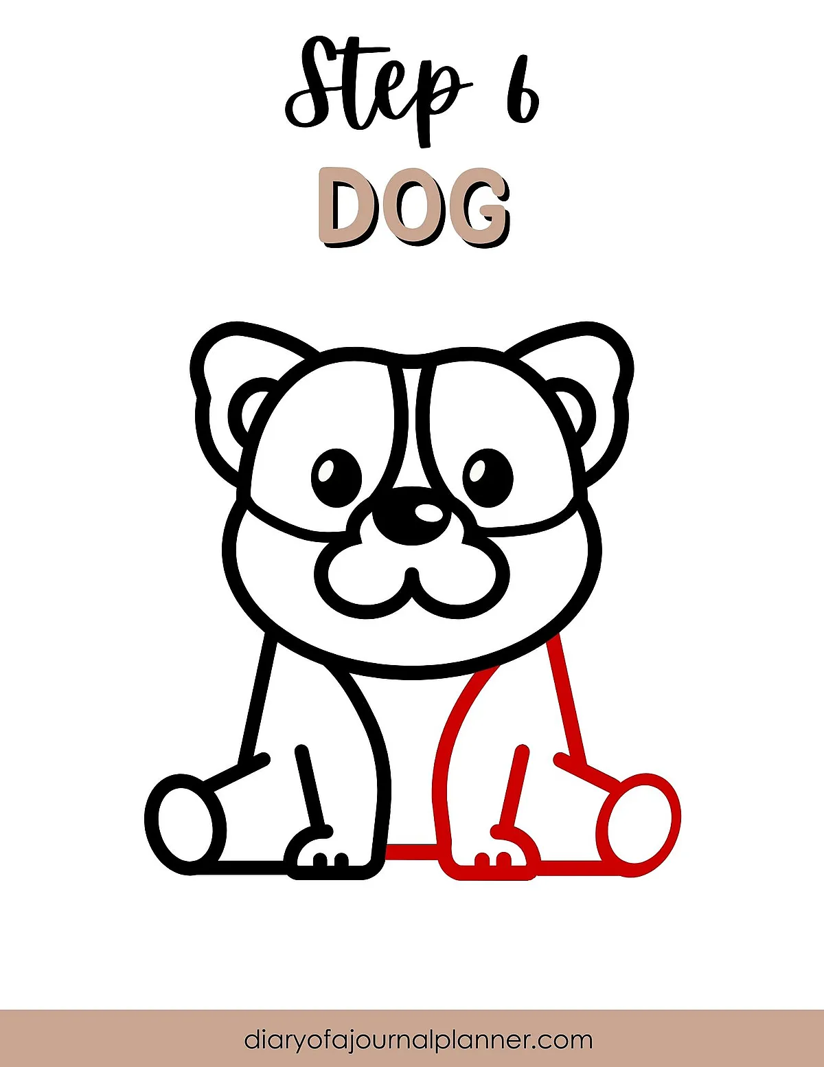 Step 6 drawing of a cute dog outline with red highlighted section for guidance.