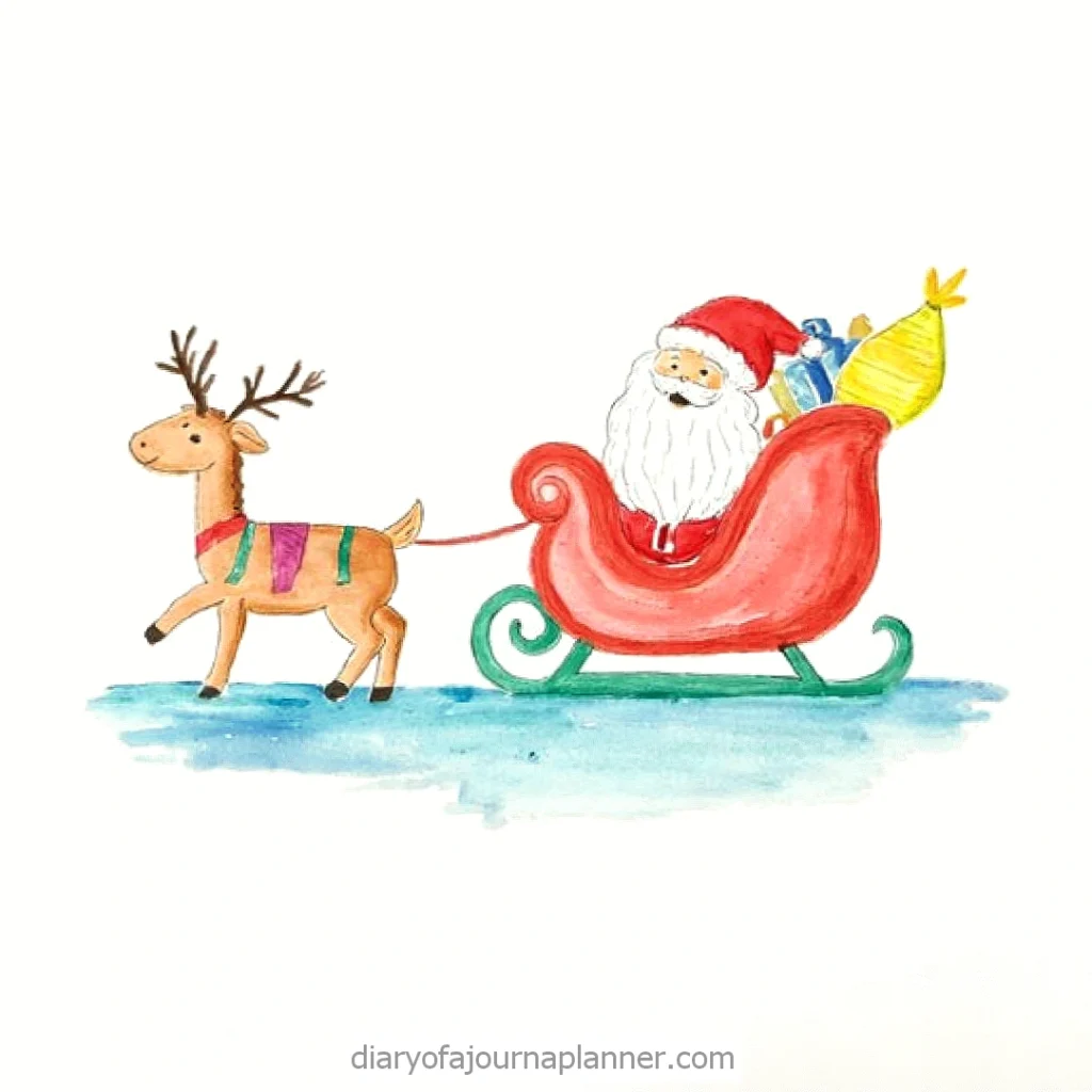 Watercolor of Santa in a red sleigh with gifts, pulled by a reindeer on snow. Holiday charm and festive spirit.