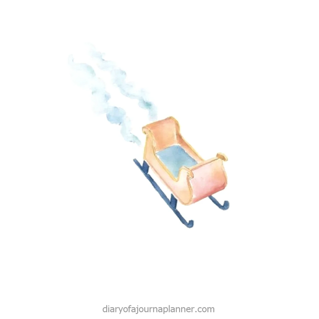 Watercolor illustration of a whimsical sleigh with blue runners, leaving a trail of light smoke against a white background.