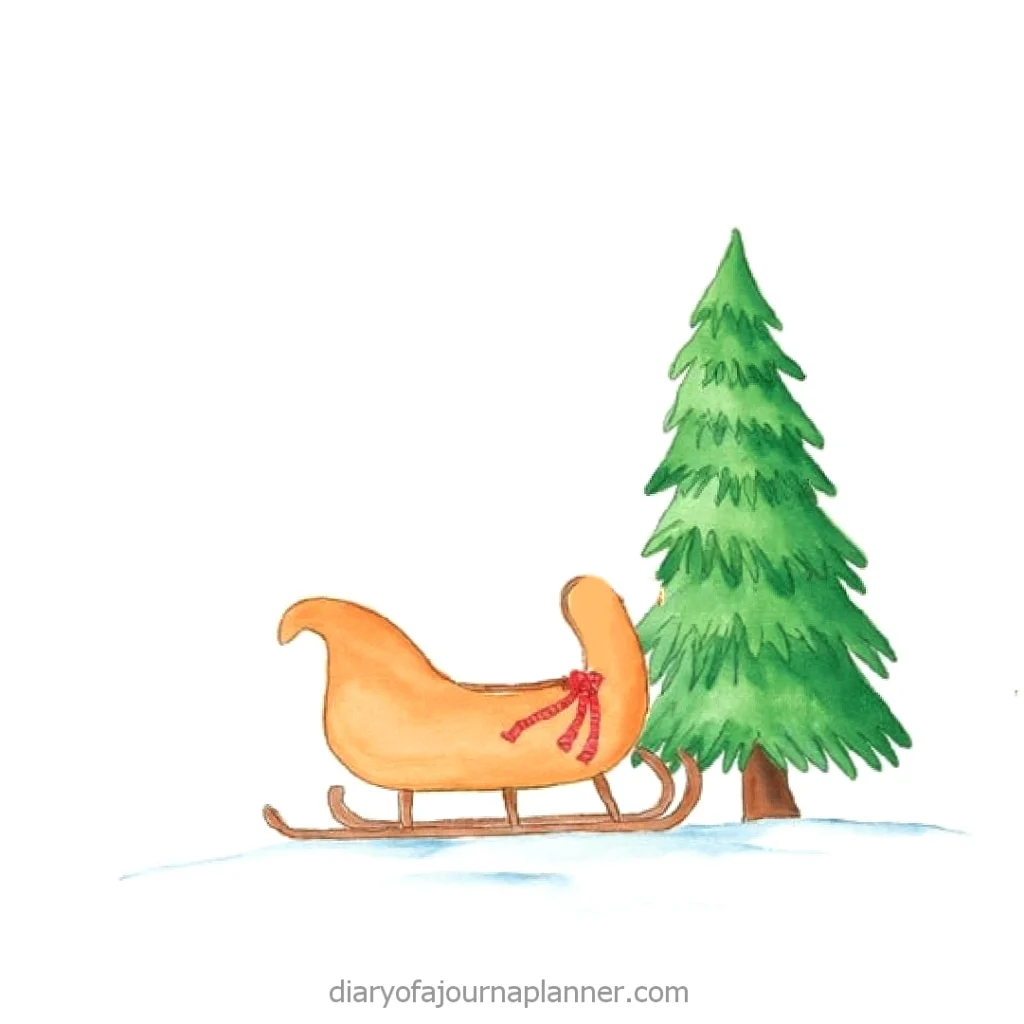 Orange sleigh with red ribbons next to a green pine tree on snow, against a white background.