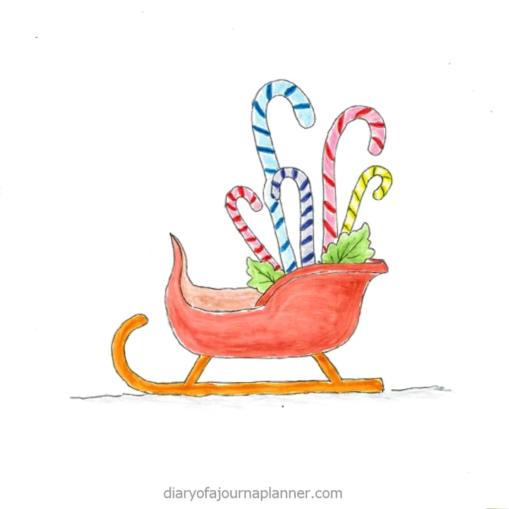 Illustration of a red sled filled with colorful candy canes and green leaves, perfect for a festive Christmas theme.