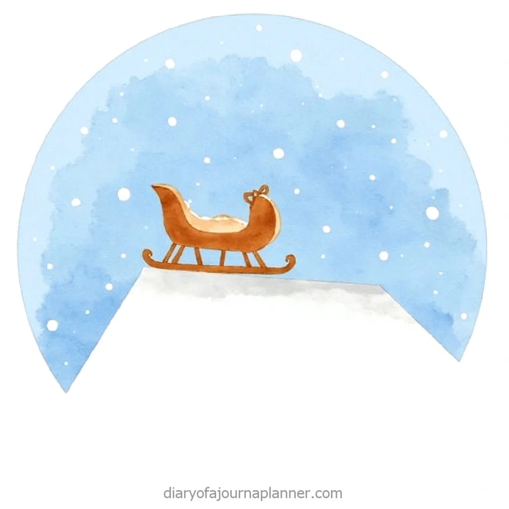 Watercolor sleigh on a snowy hill under a starry blue sky, capturing winter's serene beauty.