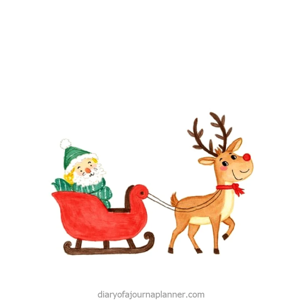 Santa in green riding a red sleigh pulled by a reindeer with a red nose, illustration on white background.