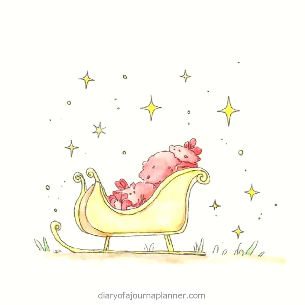 Cute pink sheep dreaming in a golden sleigh under twinkling stars, enhancing a whimsical, nighttime theme.