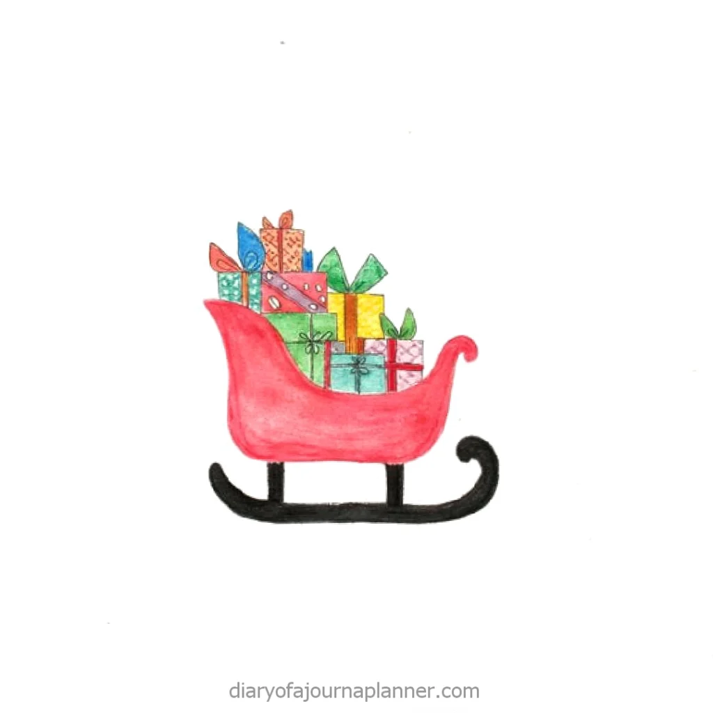 Illustration of a red sleigh filled with colorful wrapped gifts, symbolizing holiday cheer and Christmas celebration.